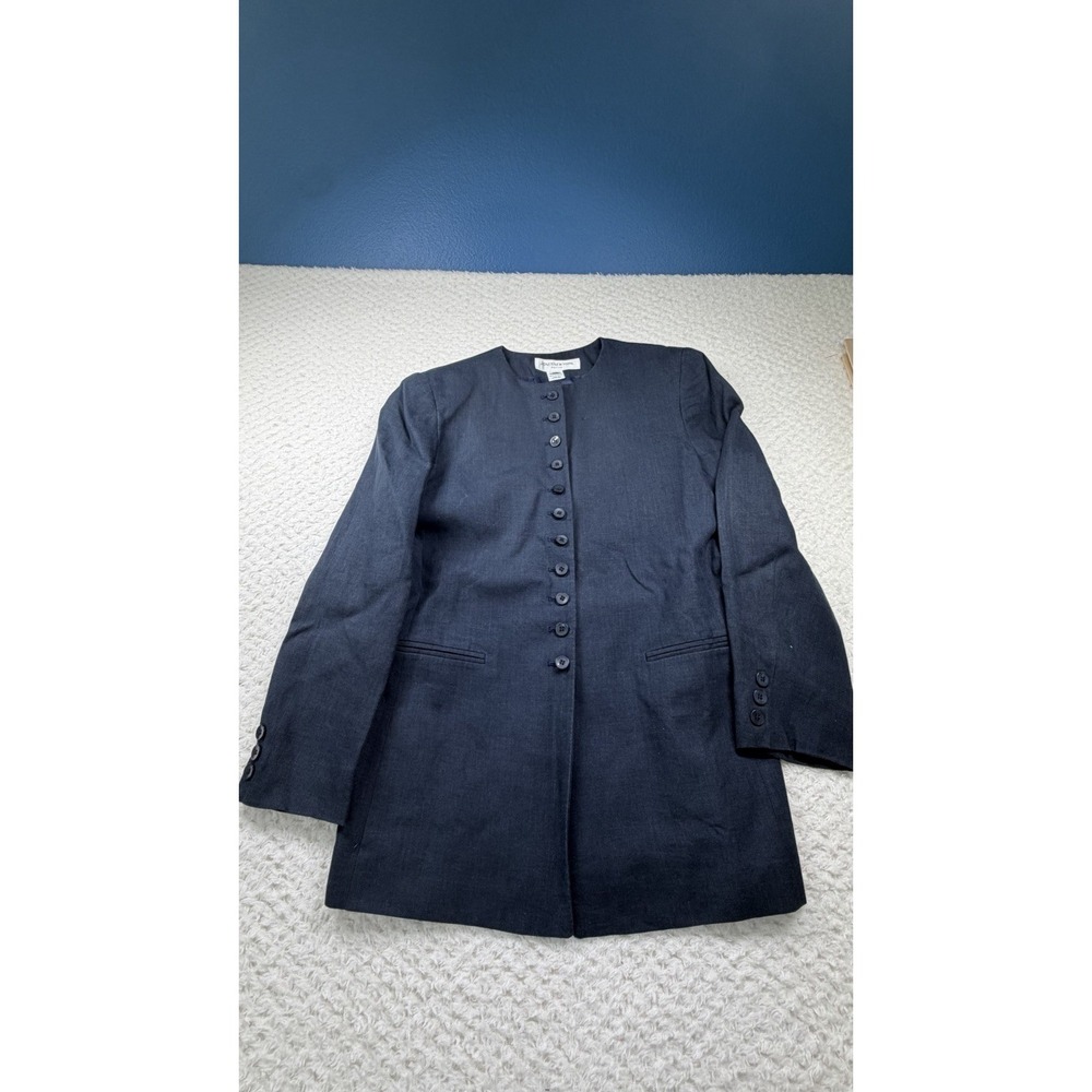 VTG Jones NY Linen Collarless Blazer Women 6P Navy Jacket Longline USA